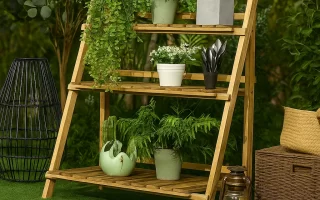 Wooden plant stand with cascading greenery, ferns, and modern decorative pots in a lush garden setting.