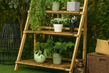 Wooden plant stand with cascading greenery, ferns, and modern decorative pots in a lush garden setting.