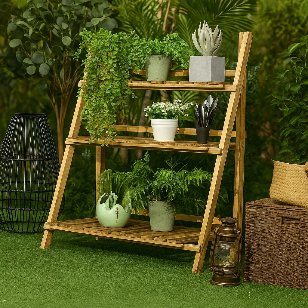 Wooden plant stand with cascading greenery, ferns, and modern decorative pots in a lush garden setting.