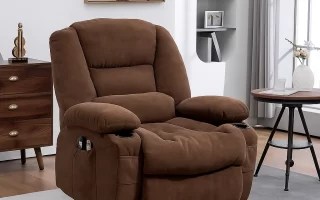 Brown plush recliner chair with pillow placed in a cozy and sunlit living room.