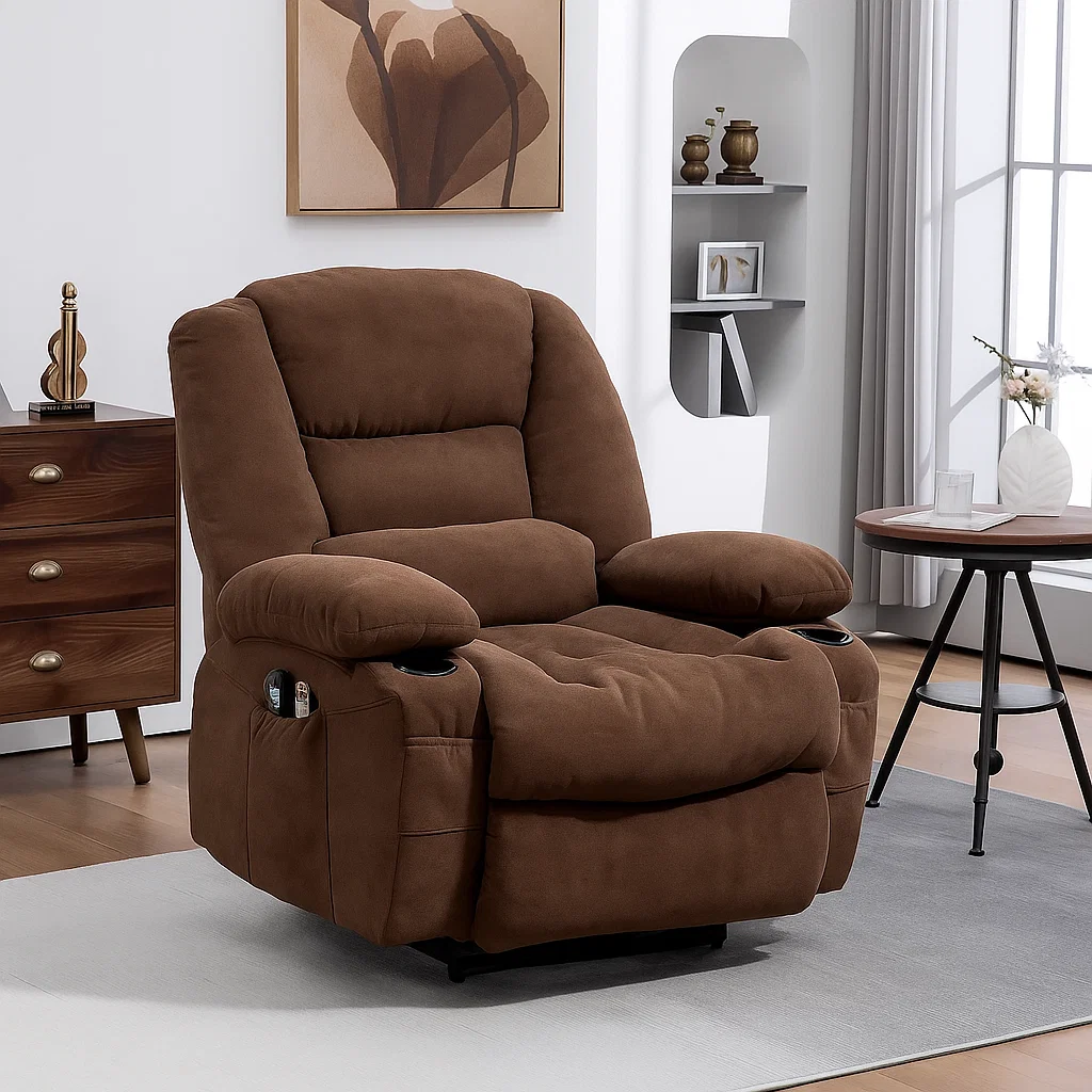 Brown plush recliner chair with pillow placed in a cozy and sunlit living room.