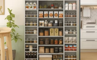 Open pantry shelves with food items and visible pest insects crawling near containers.