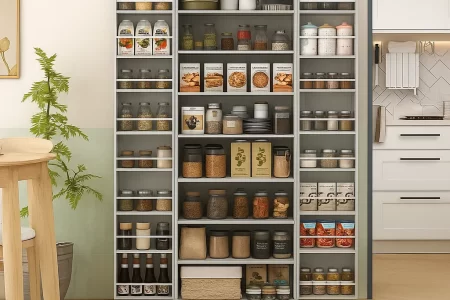 Open pantry shelves with food items and visible pest insects crawling near containers.