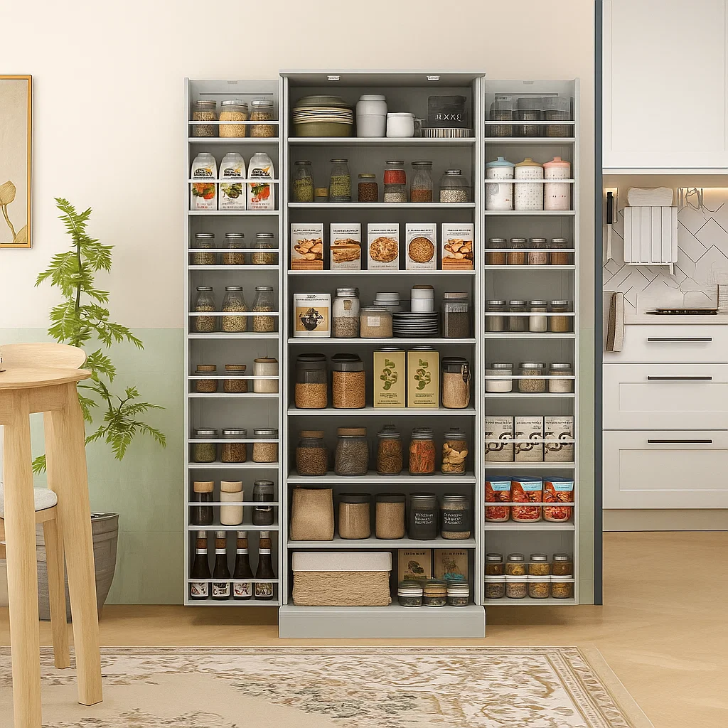 Open pantry shelves with food items and visible pest insects crawling near containers.