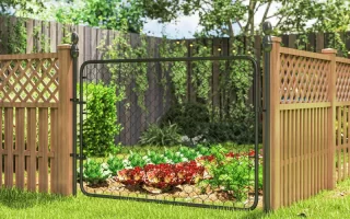 Installed garden gate with metal frame and wire mesh beside wooden lattice fencing.