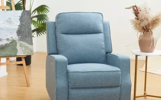 Blue recliner shown mid-recline on a hardwood floor with no visible anti-slip aids or rugs.