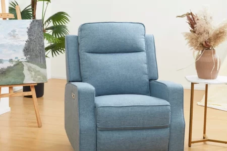Blue recliner shown mid-recline on a hardwood floor with no visible anti-slip aids or rugs.