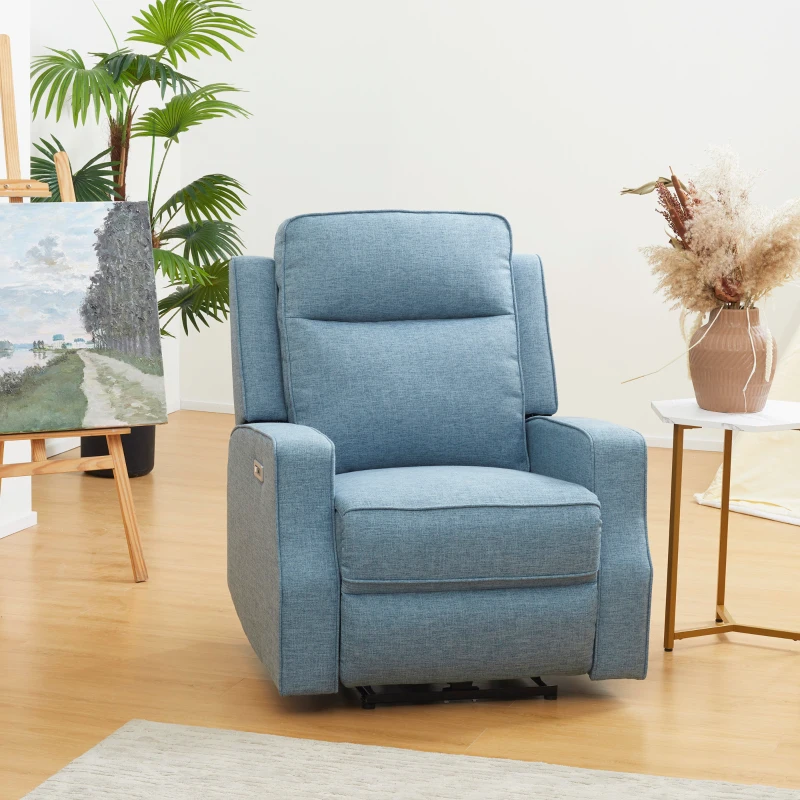 Blue recliner shown mid-recline on a hardwood floor with no visible anti-slip aids or rugs.