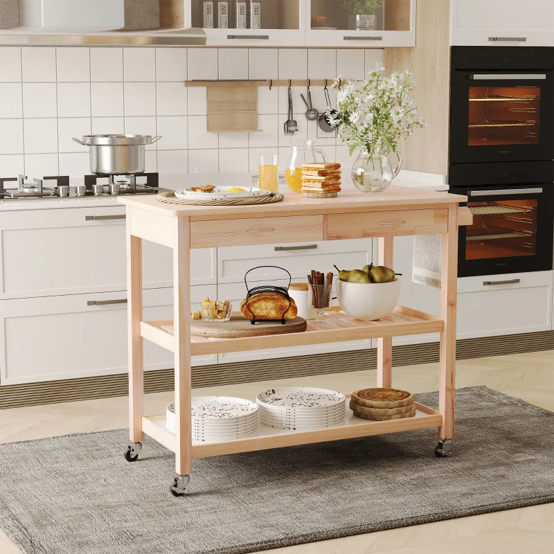 Light wood kitchen island cart with drawers and shelves styled for breakfast in a modern white kitchen.