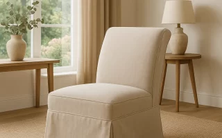 Neutral slipper chair with tailored slipcover in a minimalist living room beside wooden furniture.