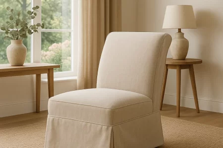 Neutral slipper chair with tailored slipcover in a minimalist living room beside wooden furniture.