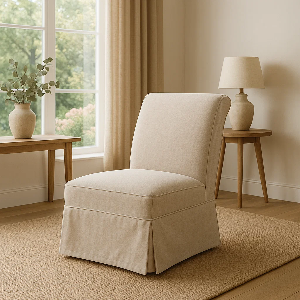 Neutral slipper chair with tailored slipcover in a minimalist living room beside wooden furniture.