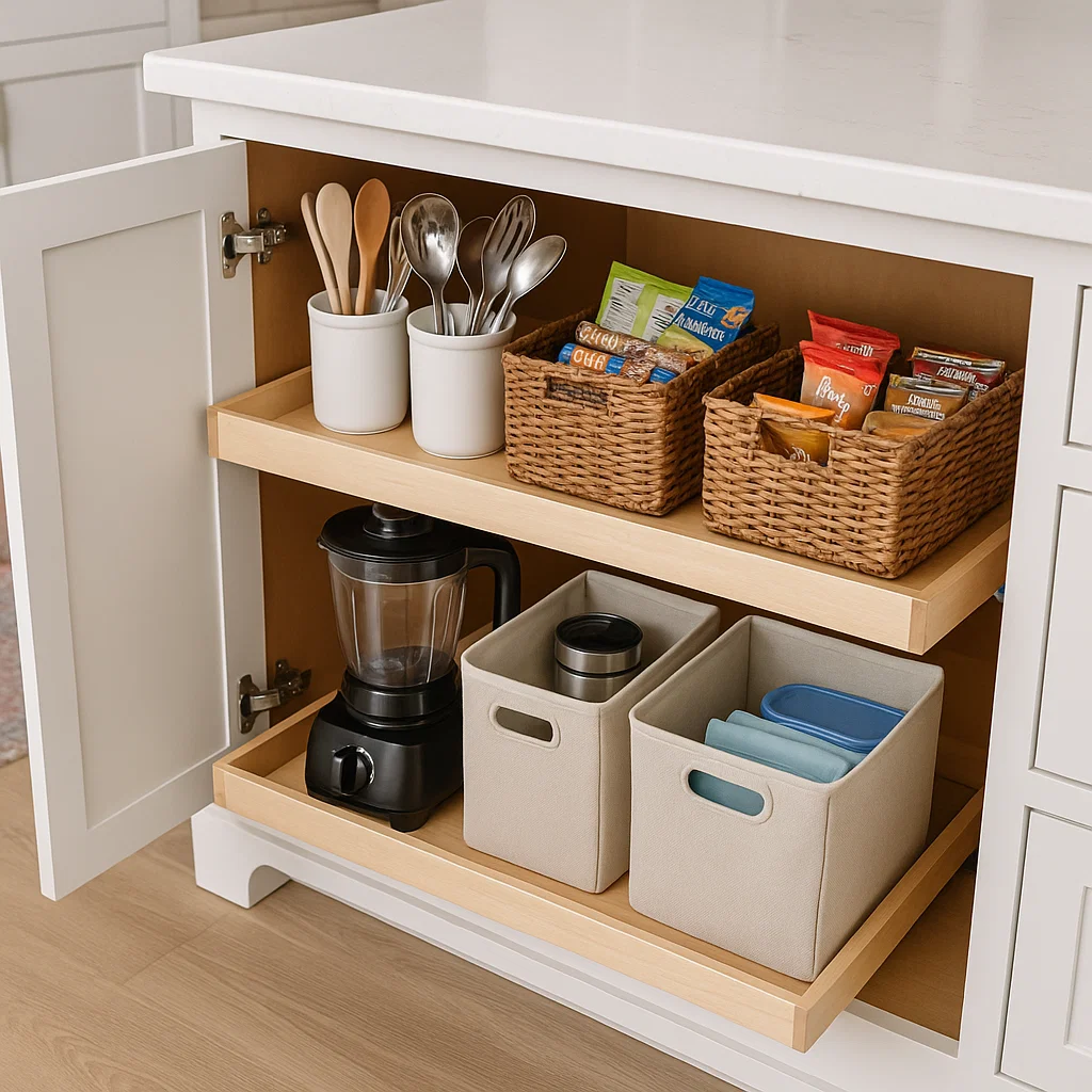 Drawer storage for everyday kitchen items and utensils.