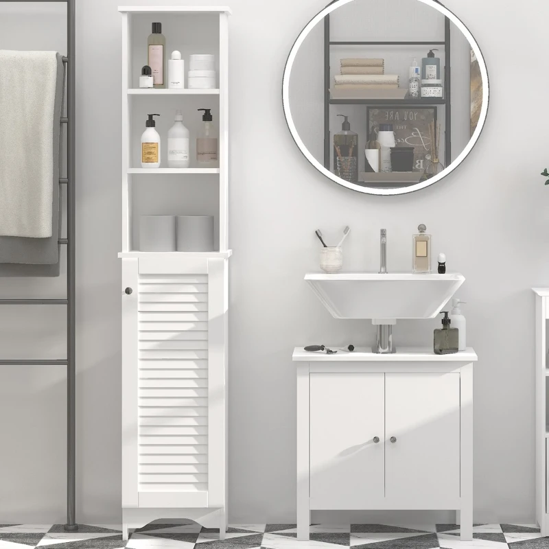 Modern bathroom with white cabinet, open shelving, round mirror, and organized toiletries.