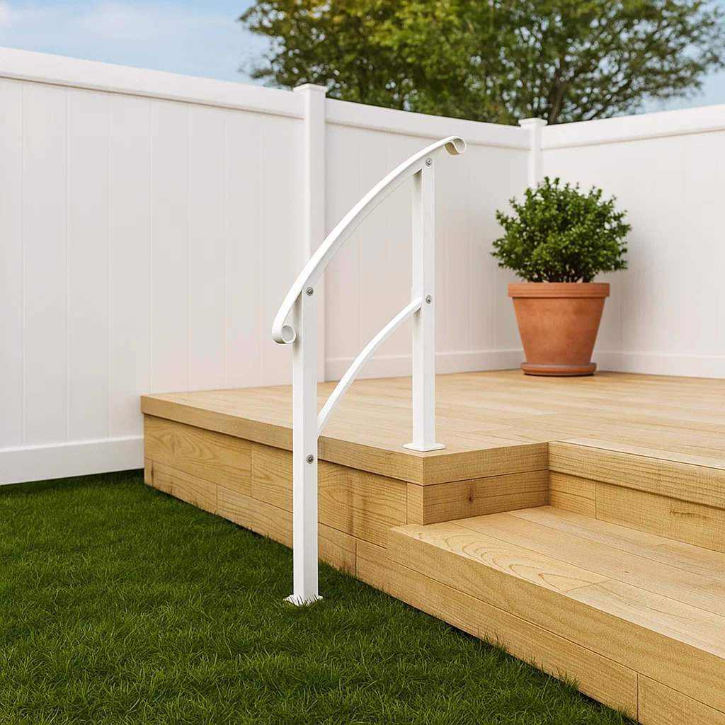 Painted white outdoor stair railing in sunlight.