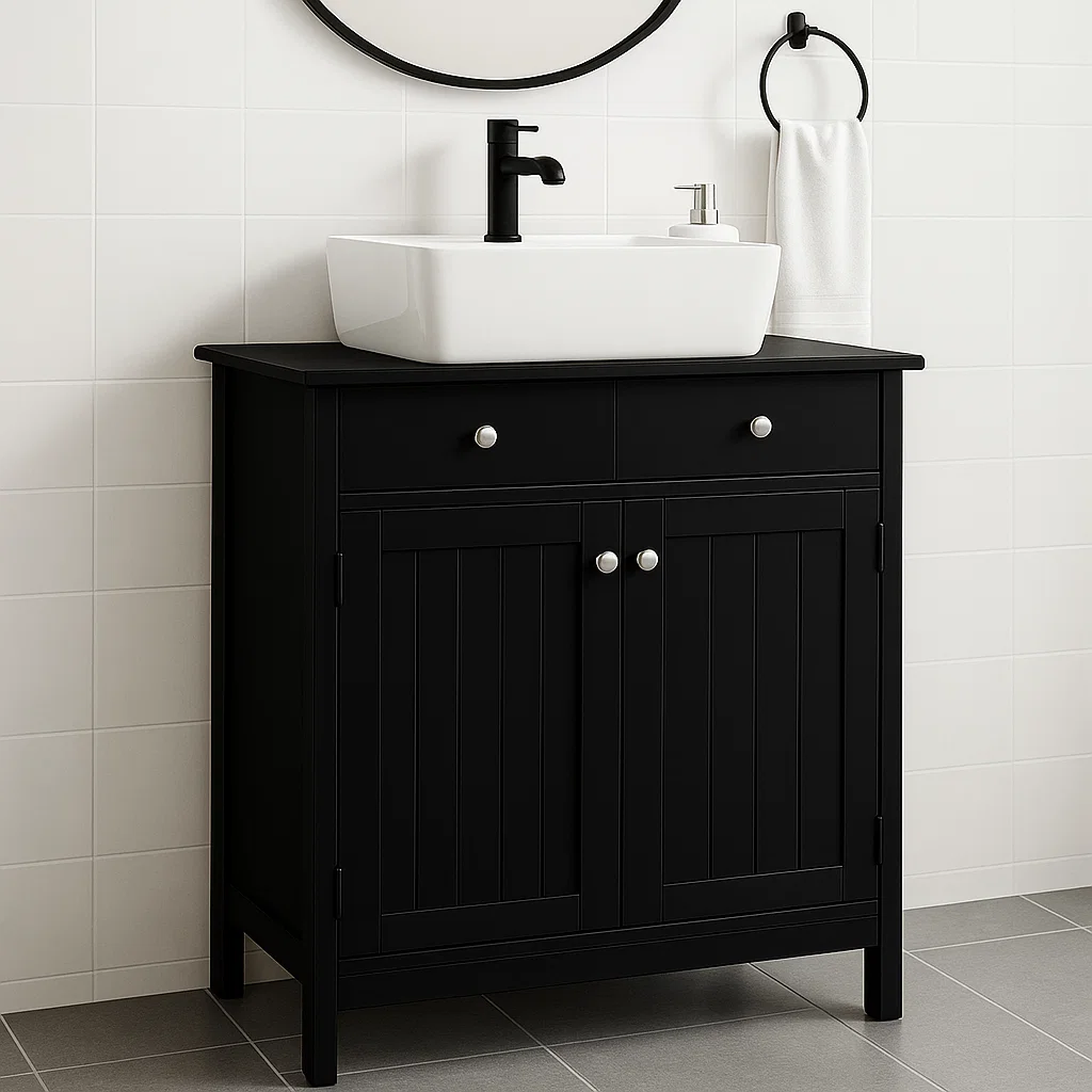 Black bathroom vanity with double doors and two drawers, topped with a white sink and faucet.