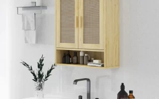 Wall-mounted cabinet with shelves and plants above sink