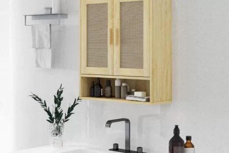 Wall-mounted cabinet with shelves and plants above sink
