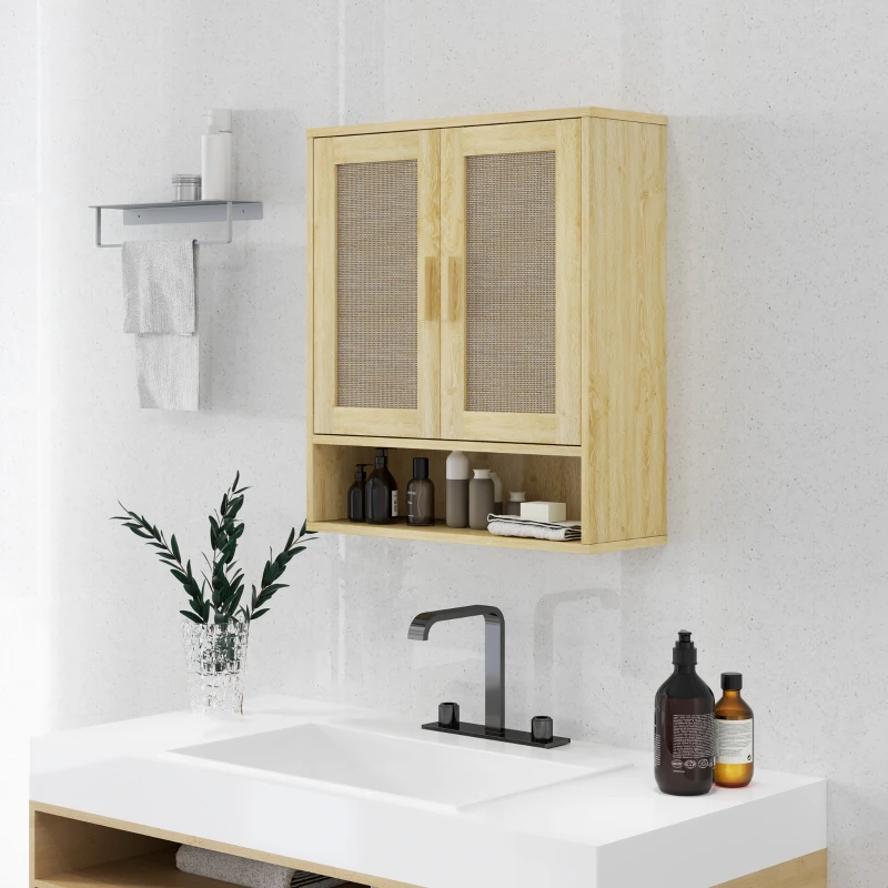 Wall-mounted cabinet with shelves and plants above sink