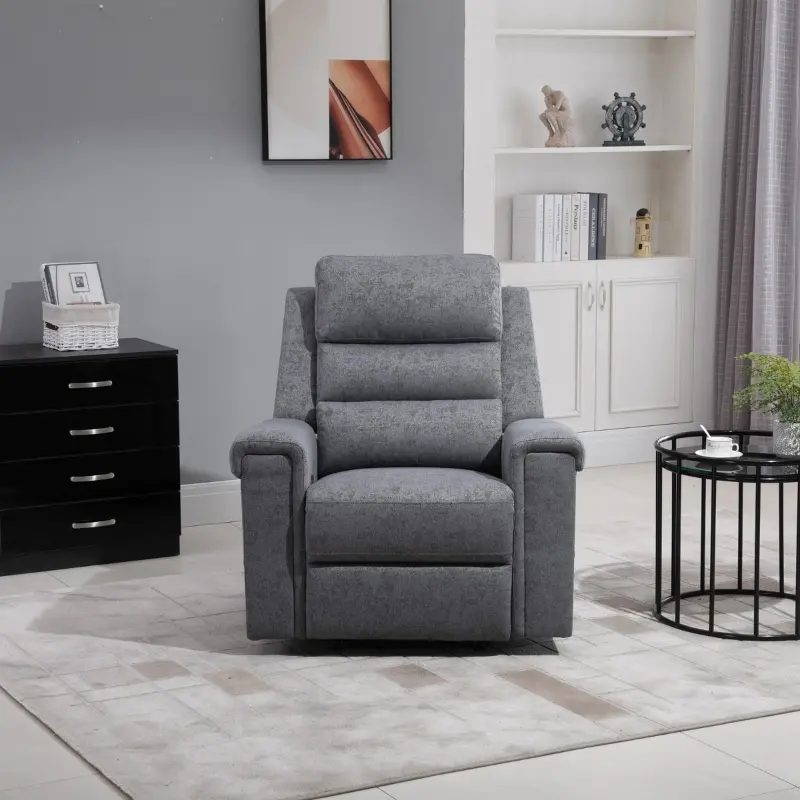 Recliner chair rocking on hardwood floor without grip or support.