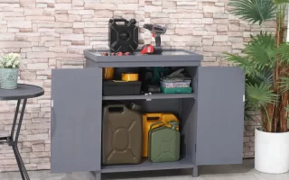 Open cabinet with tools and cans showing how to organize and weatherproof outdoor storage