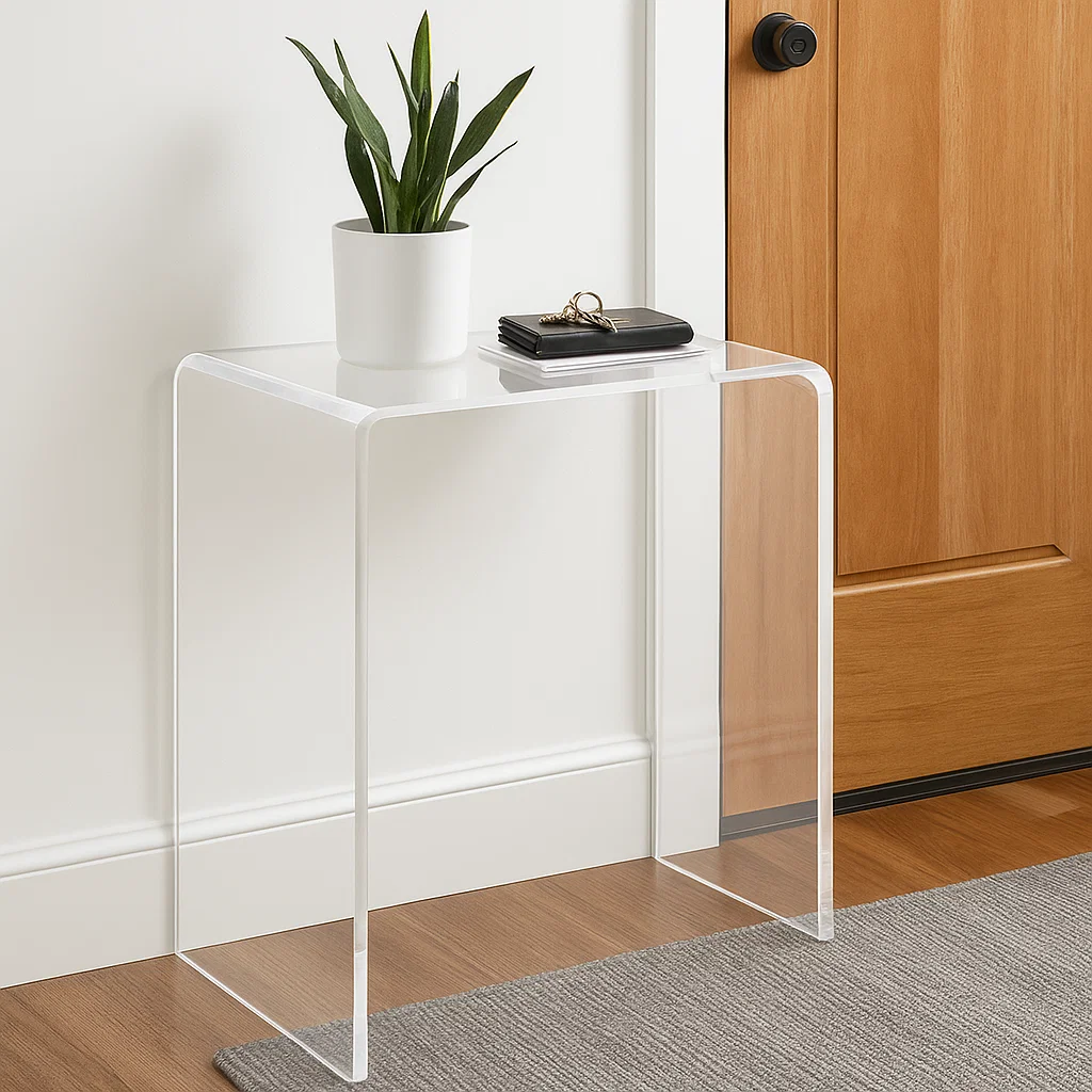 Slim end table in entryway used for keys, decor, and functional small space storage.