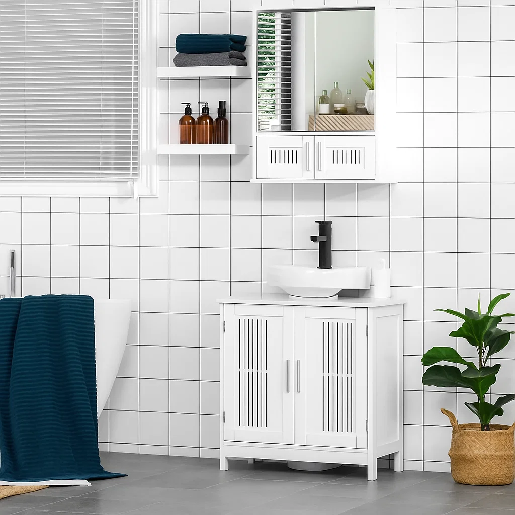 Bright white bathroom with wall-mounted shelves, a modern vanity, and lush green plant.