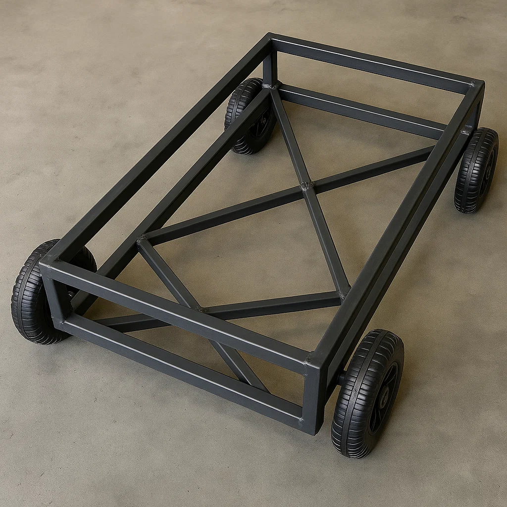 Attaching wheels to a steel frame for a pull cart.