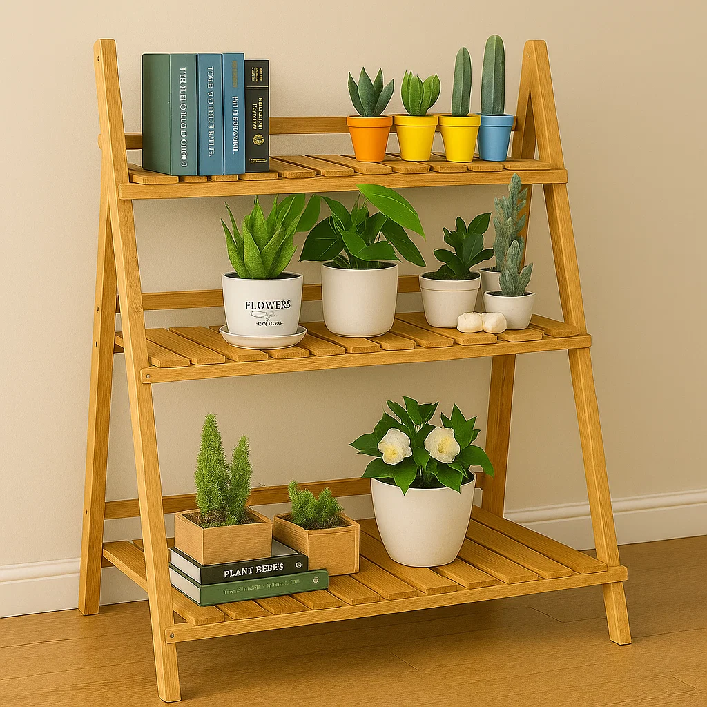 Indoor wooden plant stand with books, succulents, and leafy plants arranged on each tier stylishly.