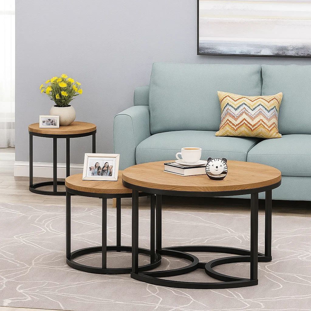 Coffee table styled with framed photos, books, and a playful decorative cat sculpture for a personal feel.
