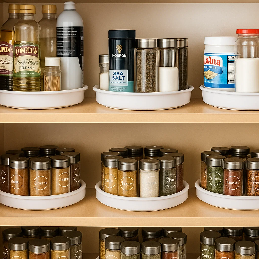 Spice jars and cooking ingredients placed on a Lazy Susan for easy rotation access.
