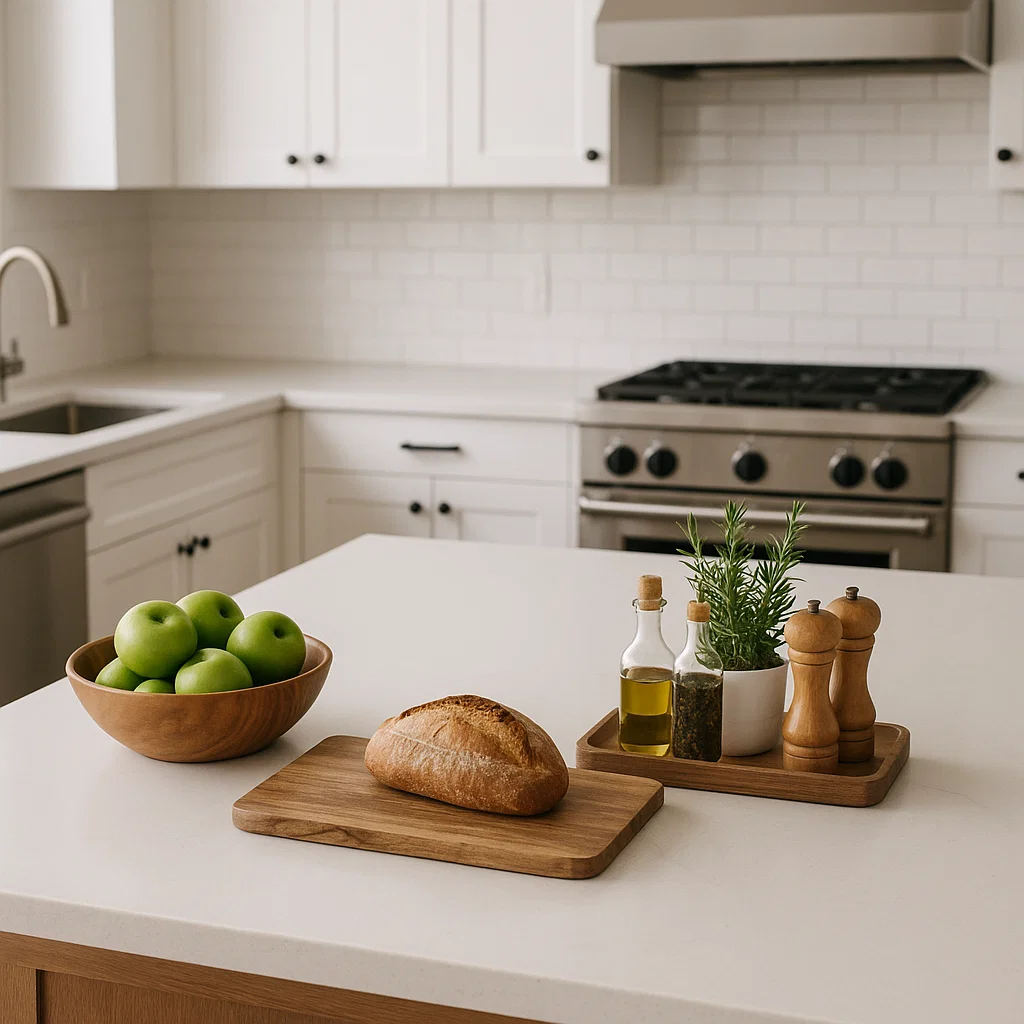 Stylish kitchen island with fresh food and décor.