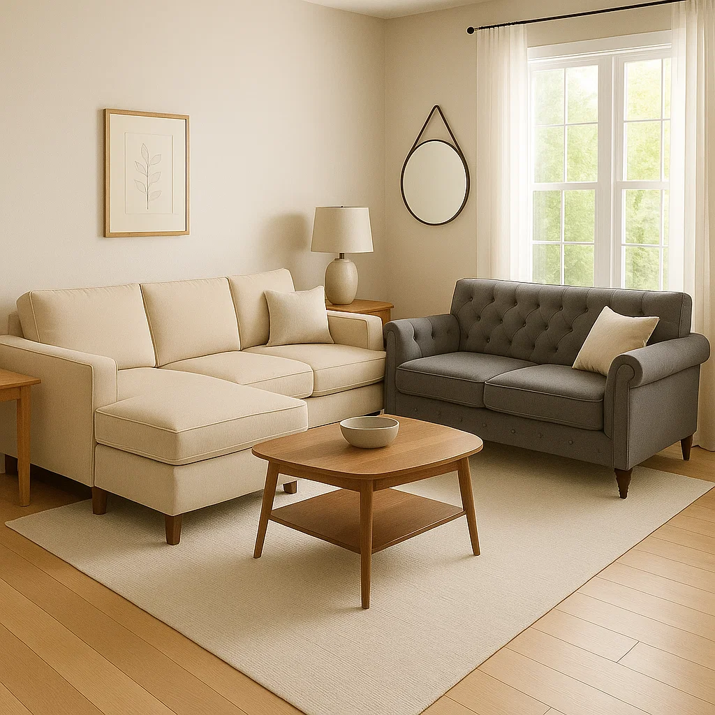 Cream sectional paired with a grey loveseat arranged in an L-shape for a cozy corner.