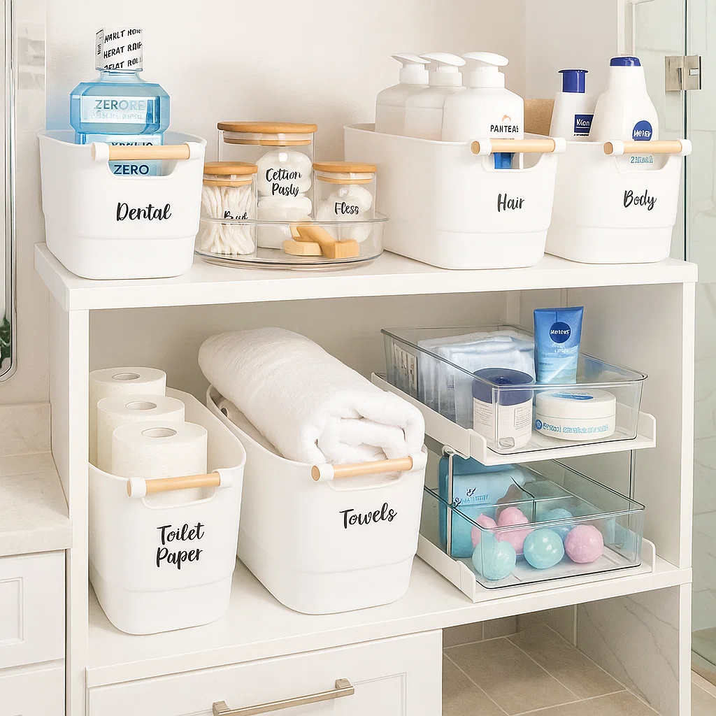 Neatly labeled storage containers holding toiletries, towels, and bath essentials on open shelves.
