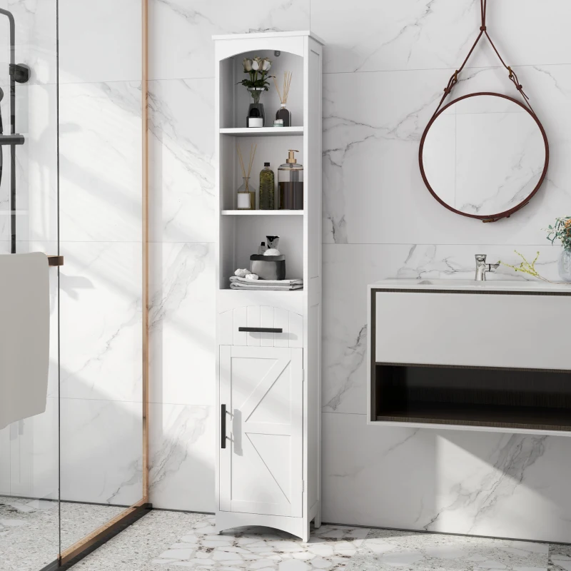 Tall white bathroom storage cabinet with open shelves, decorative bottles, towels, and flowers.