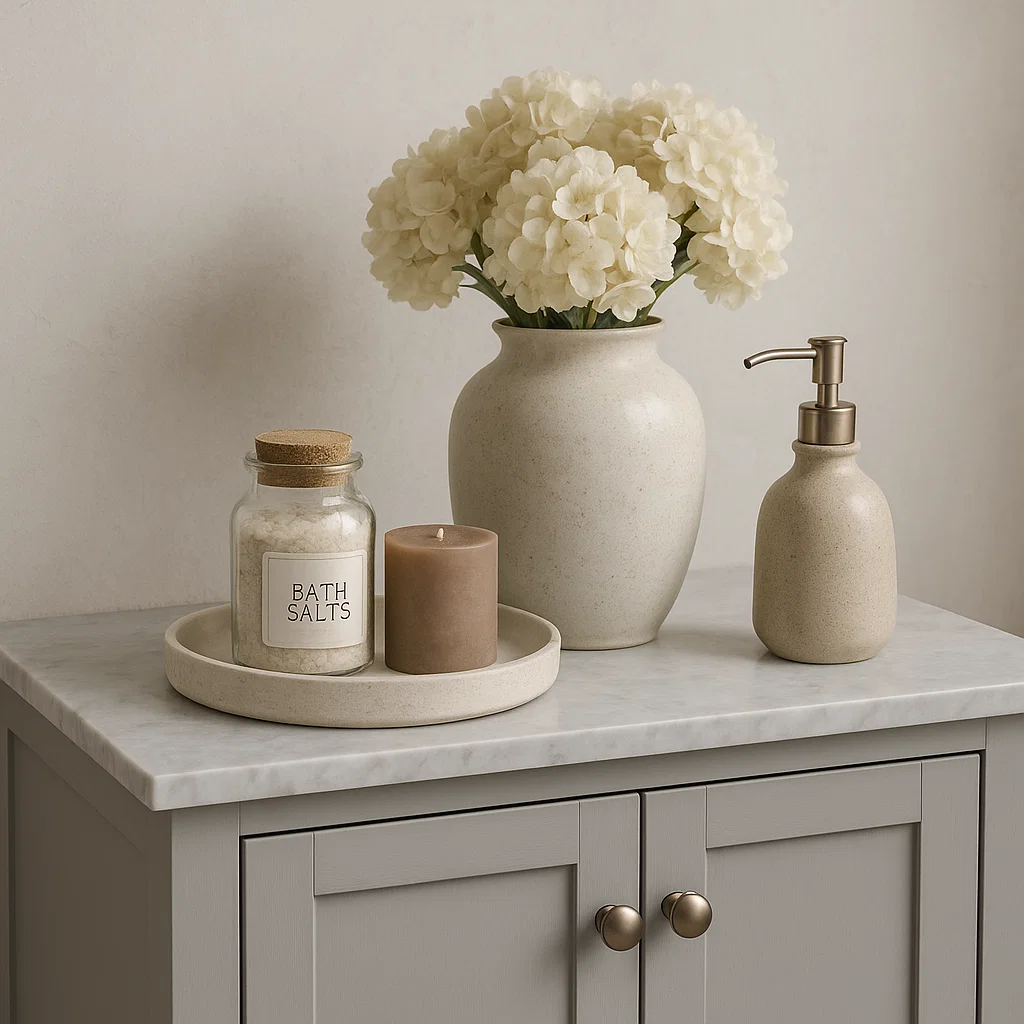 Beige marble countertop with a vase of white flowers, bath salts, soap dispenser, and candle for decor.