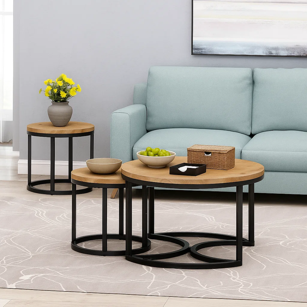 Coffee table with woven basket, tissue box, and bowls of fruit, blending practical function with simple decor.
