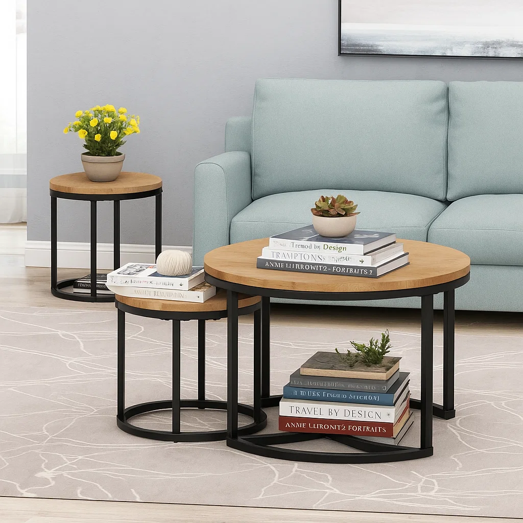 Coffee table stacked with designer books, potted succulents, and minimalist accessories for layered visual interest.

