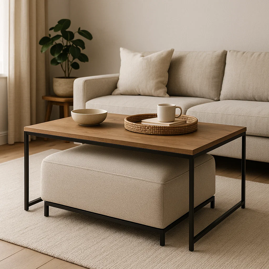 Wooden coffee table with stacked books and bowl in neutral living space.
