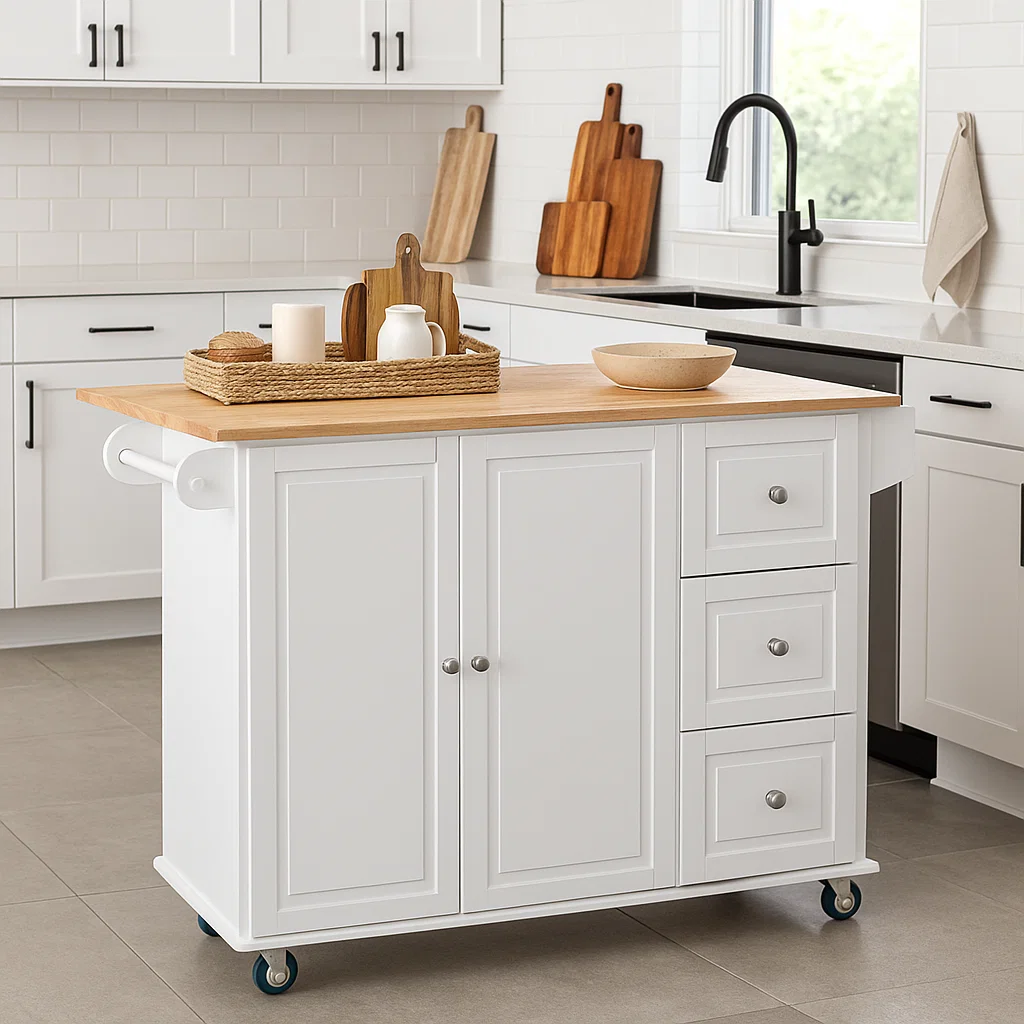 Kitchen island with a woven tray, candles, and decorative cutting boards for accent.