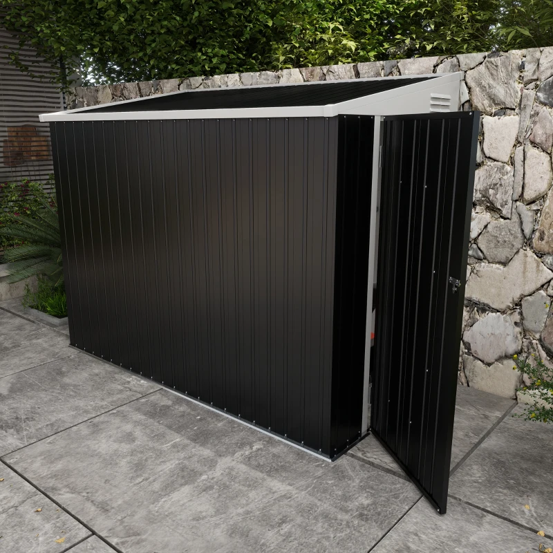 Black lean-to shed with a simple design and tall door.