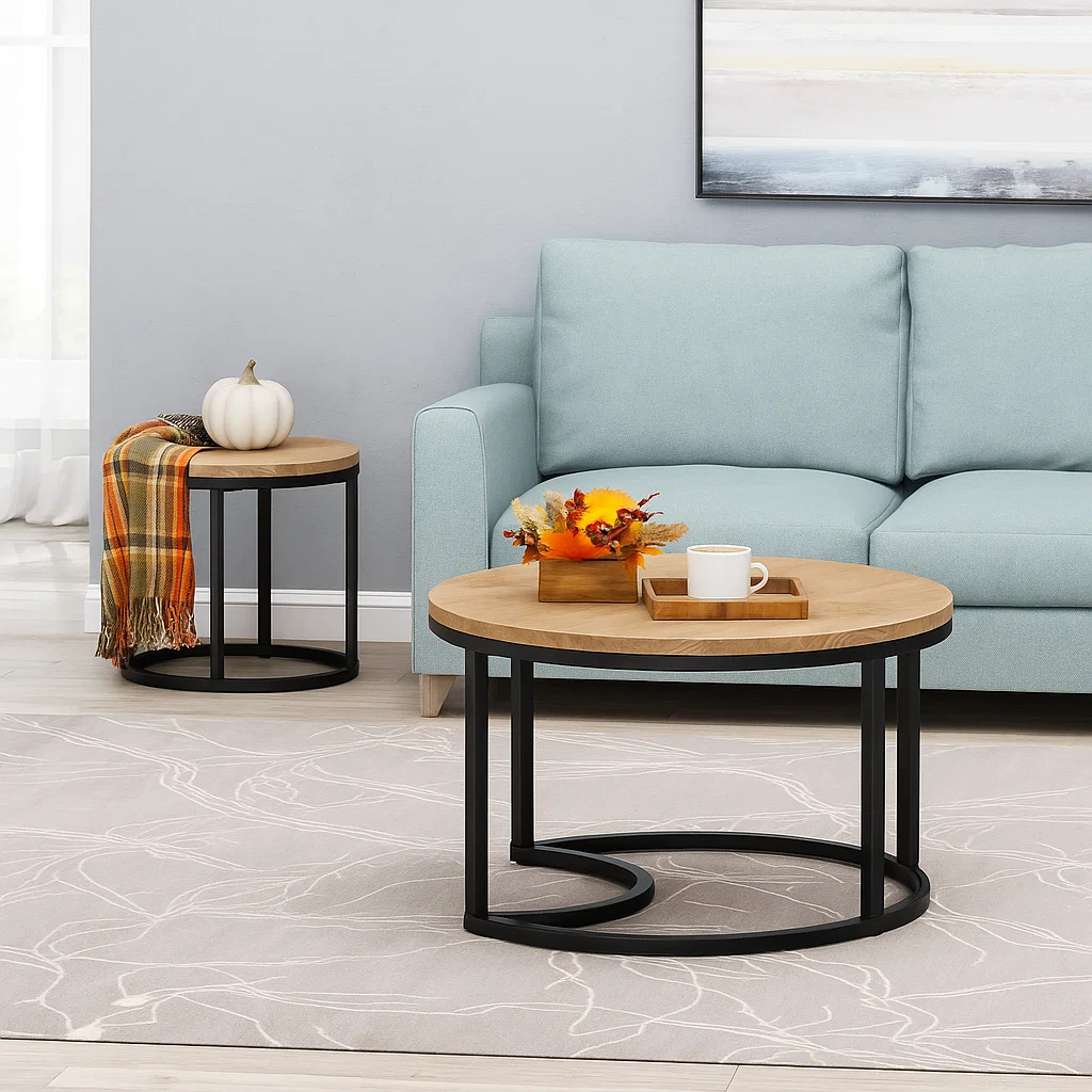 Coffee table with fall tray, floral arrangement, and plenty of open space for clean, balanced styling.
