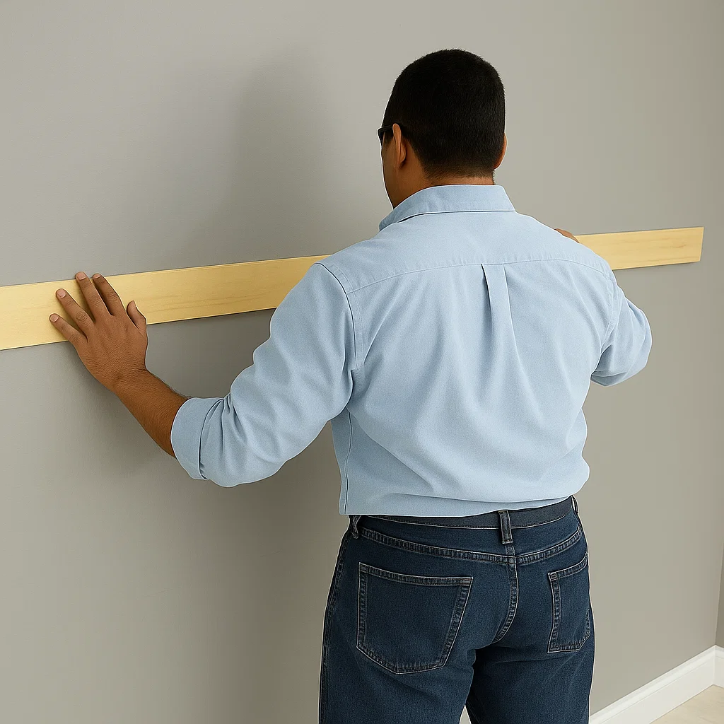 Man in blue shirt positioning wooden ledger board horizontally against an interior wall.