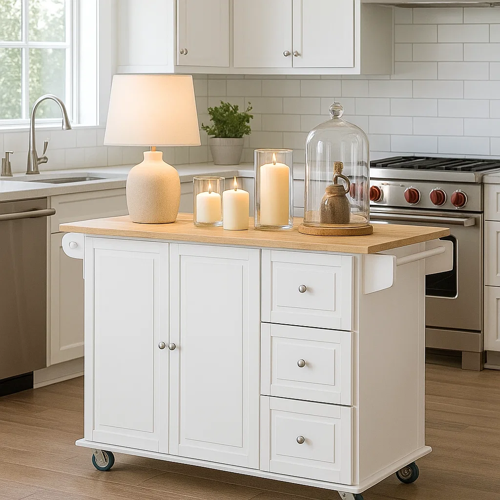 Candles and table lamp create a cozy ambiance on a bright white kitchen island.