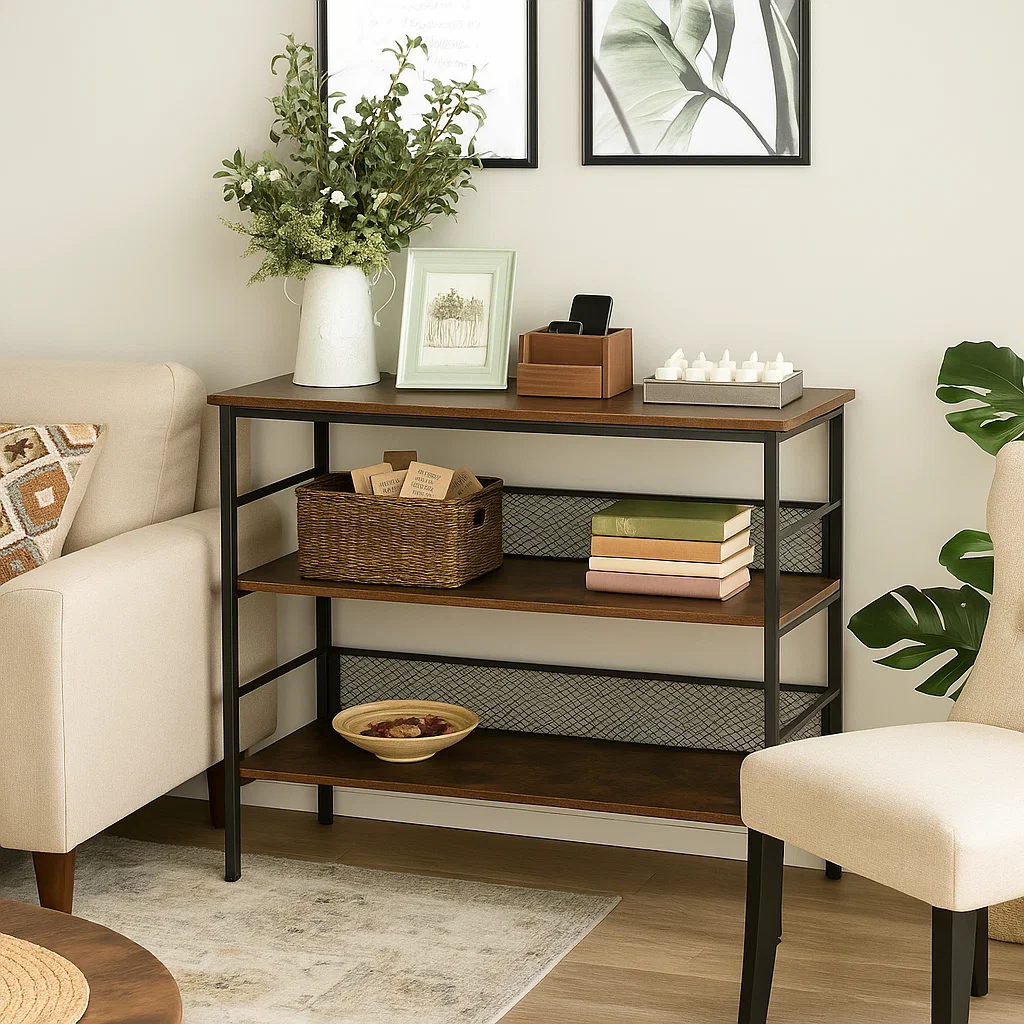 Console table styled with framed photos, black lanterns, greenery, and storage basket beside a sofa.
