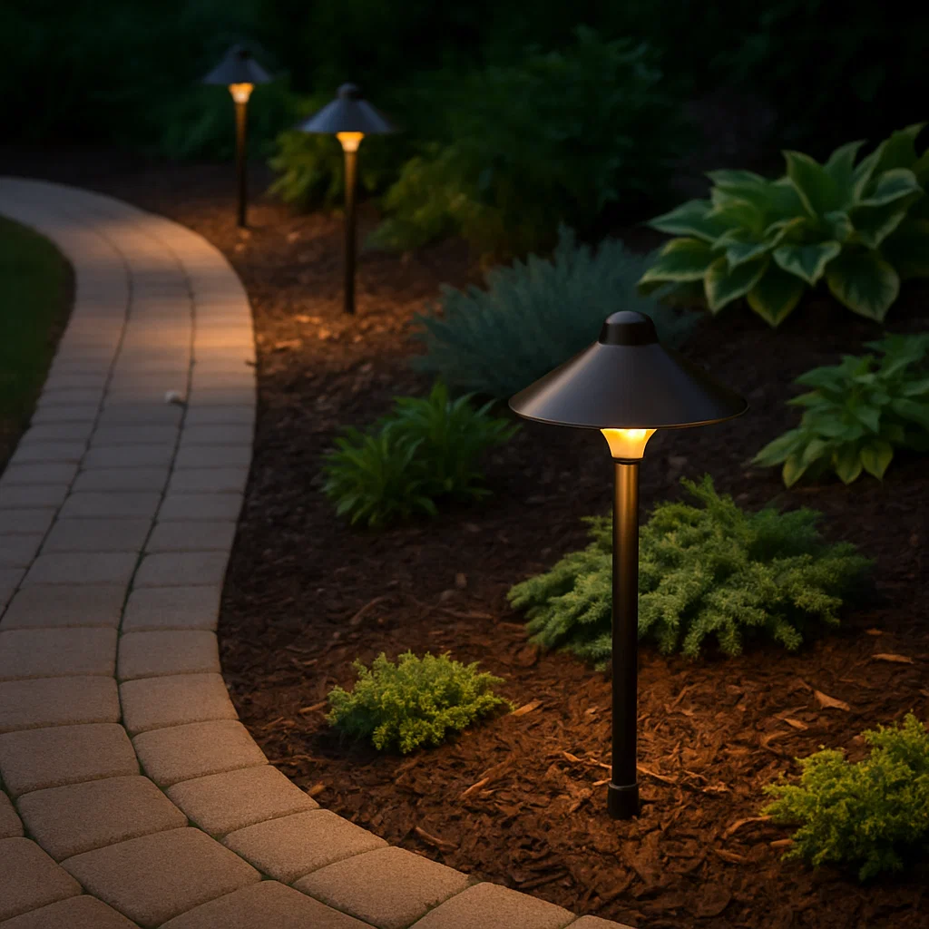 Low-voltage pathway lighting along a garden walkway