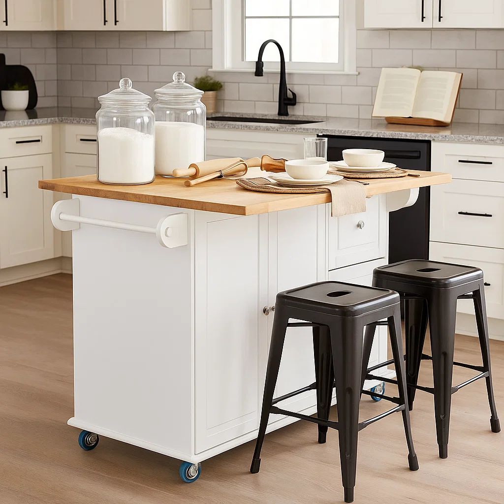 Baking station set up on kitchen island with flour jars, rolling pins, and place settings.