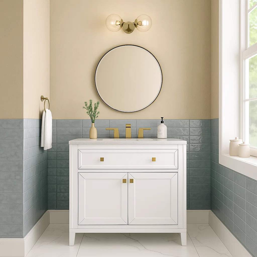White bathroom vanity with gold fixtures, round mirror, and blue accent wall below beige paint.