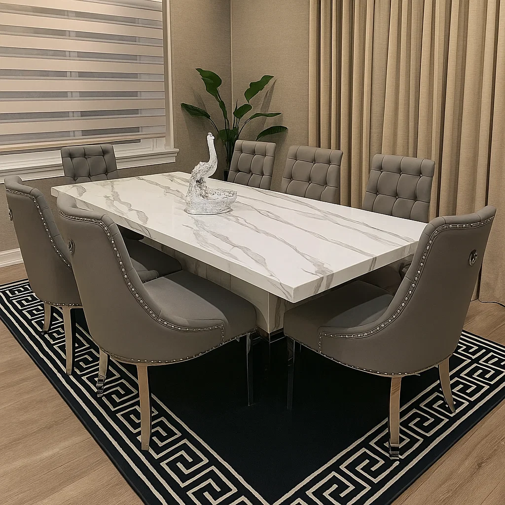 Luxurious round marble dining table with brass pedestal base and velvet chairs in upscale room