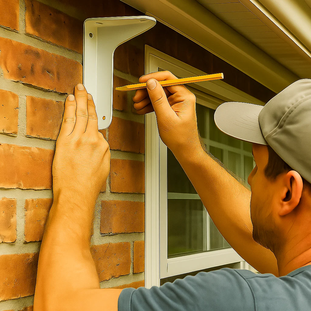 Man holding pencil and marking drill points while aligning white bracket on exterior brick wall.